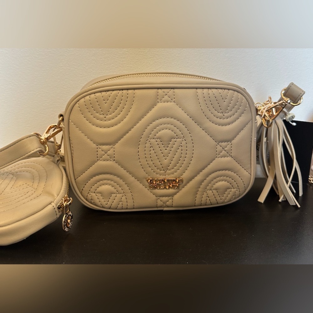 Valentino Orlandi Taupe Quilted Shoulder Bag and Wallet with Gold Hardware